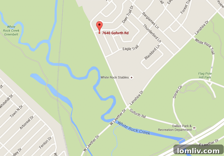 Map showing 7640 Goforth Rd's proximity to White Rock Greenbelt, White Rock Creek Trail, White Rock Creek, and Flag Pole Hill Park