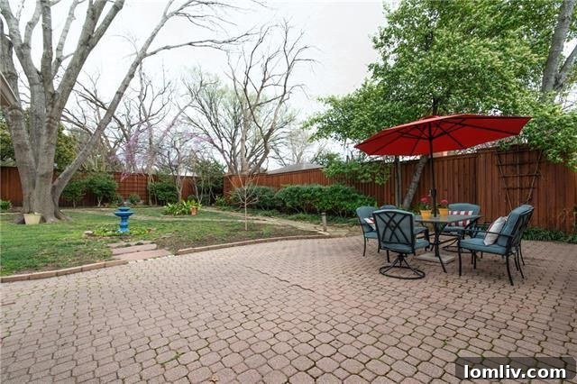 View of the patio and lush backyard