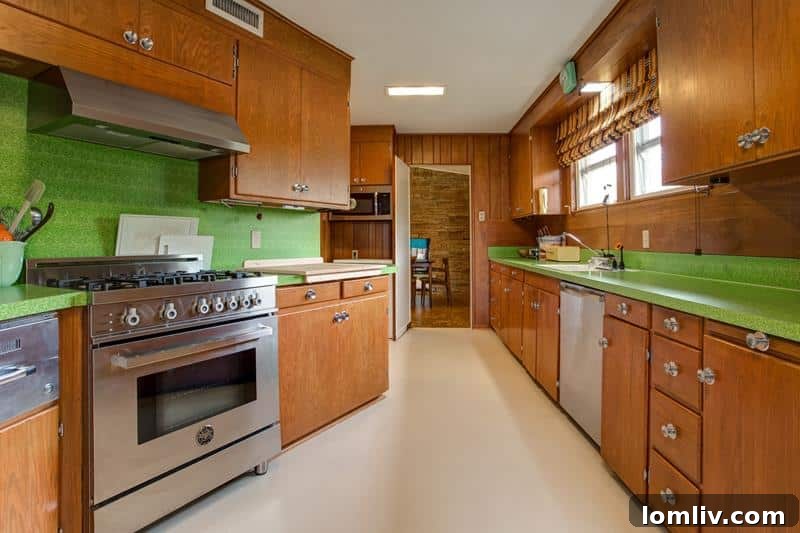 Updated midcentury modern kitchen with vintage cabinetry and lime formica