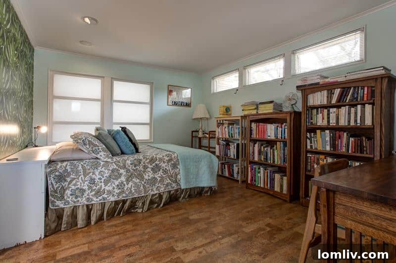 Guest bedroom with cool aqua walls and palm frond wallpaper