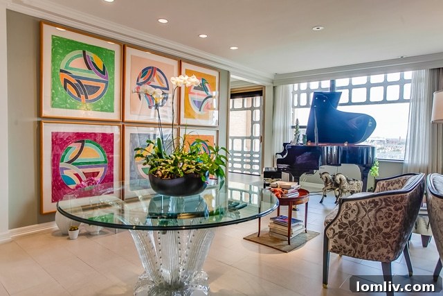 The spacious living room of Johnson and Parker's condo, featuring elegant furnishings and art.
