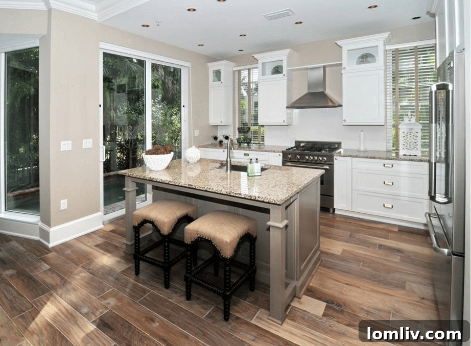 Ceramic tile floor featuring a hand-scraped hickory wood design, ideal for areas requiring moisture resistance.