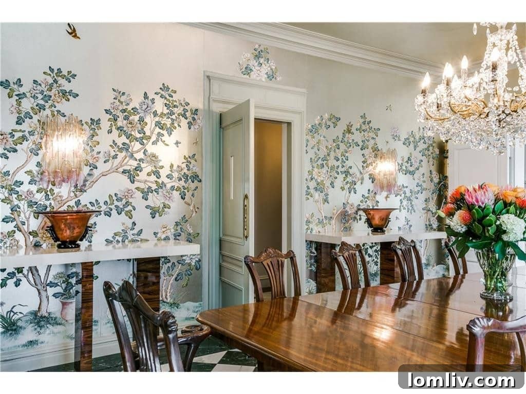 Dave Perry-Miller Curates Dallas' Finest Architecture: Korn, Thompson, Dilbeck 40 Detailed Gracie wallpaper in the dining room at 4908 Lakeside Drive