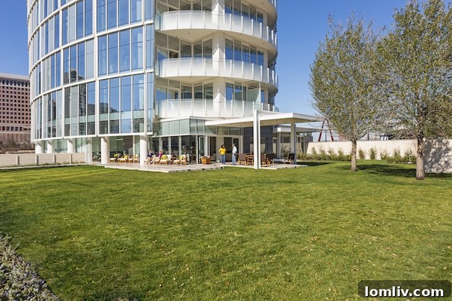 The Great Lawn, a lush outdoor amenity space at Museum Tower Dallas