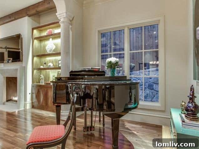 Elegant Piano Nook Framed by Architectural Columns