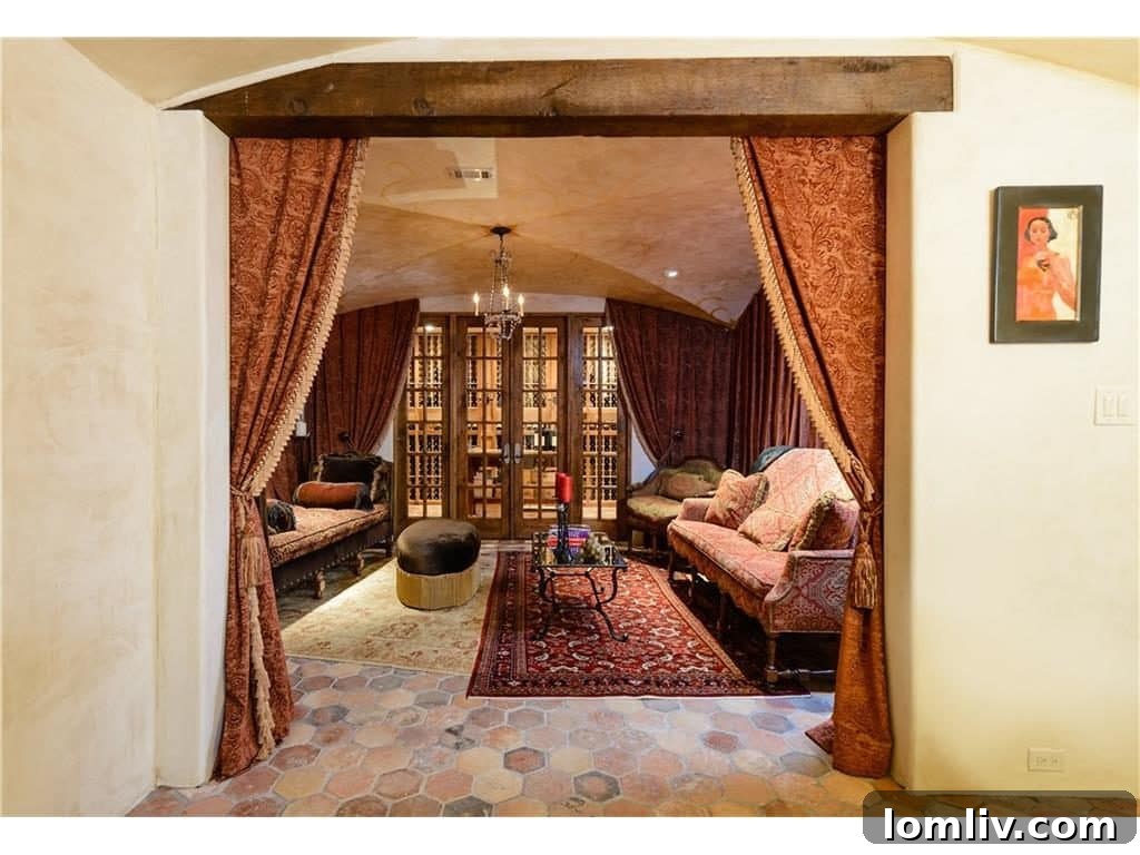 Interior of the impressive wine cellar with seating area and stone walls