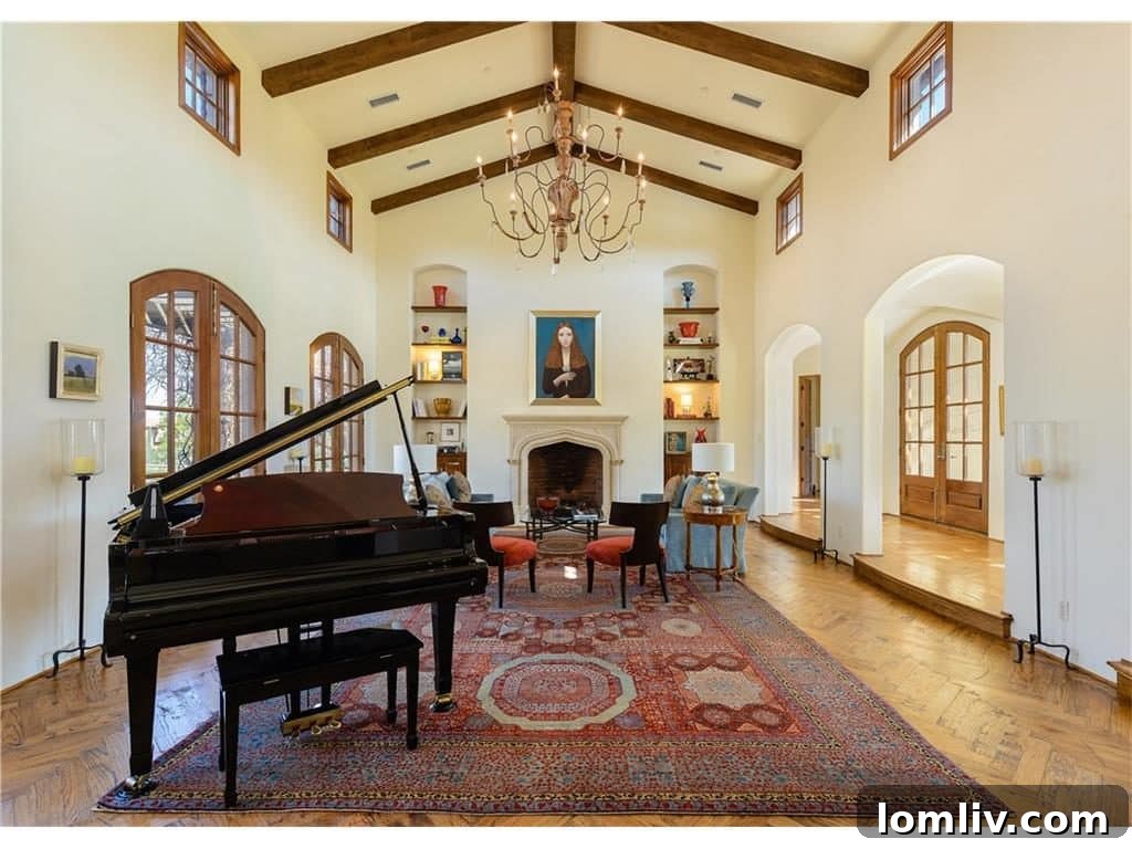 Luxurious living room with fireplace and high ceilings