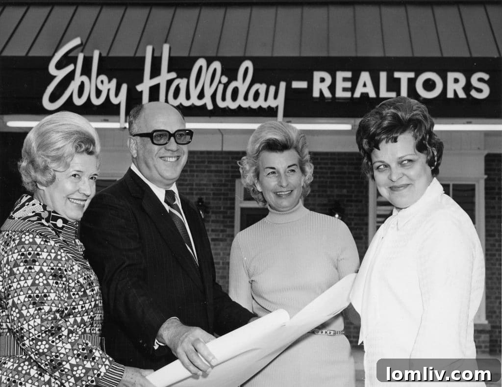 Ebby Halliday, Paul Hanson, Mary Lou Muether, and Mary Frances Burleson at the 1972 Plano office opening, a landmark event for North Texas real estate.