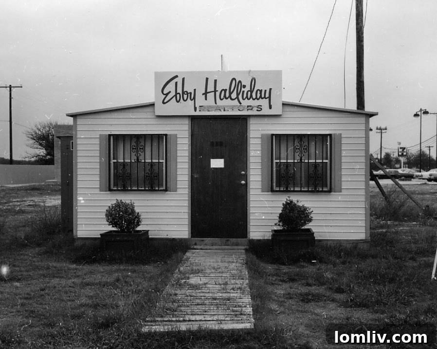 Historic temporary Plano office of Ebby Halliday in the early 1970s, showcasing the humble beginnings of a real estate giant in Collin County.