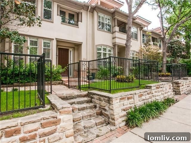 Modern exterior of the Uptown Dallas townhome in a gated community
