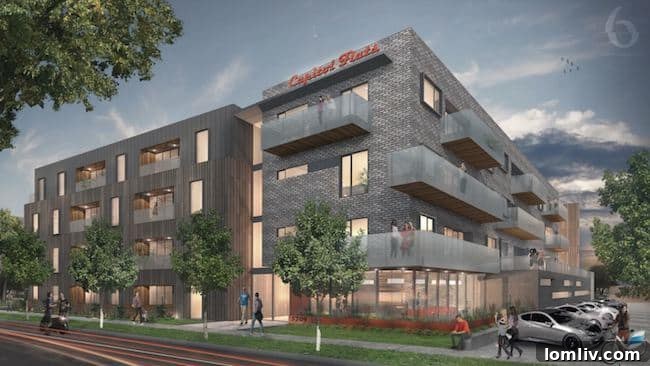 Exterior rendering of Capitol Flats, a contemporary condo development in Dallas's Knox-Henderson neighborhood.