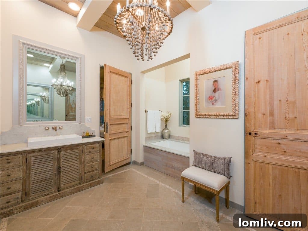 Luxurious Master Bedroom with French Doors and Reclaimed Wood Ceiling