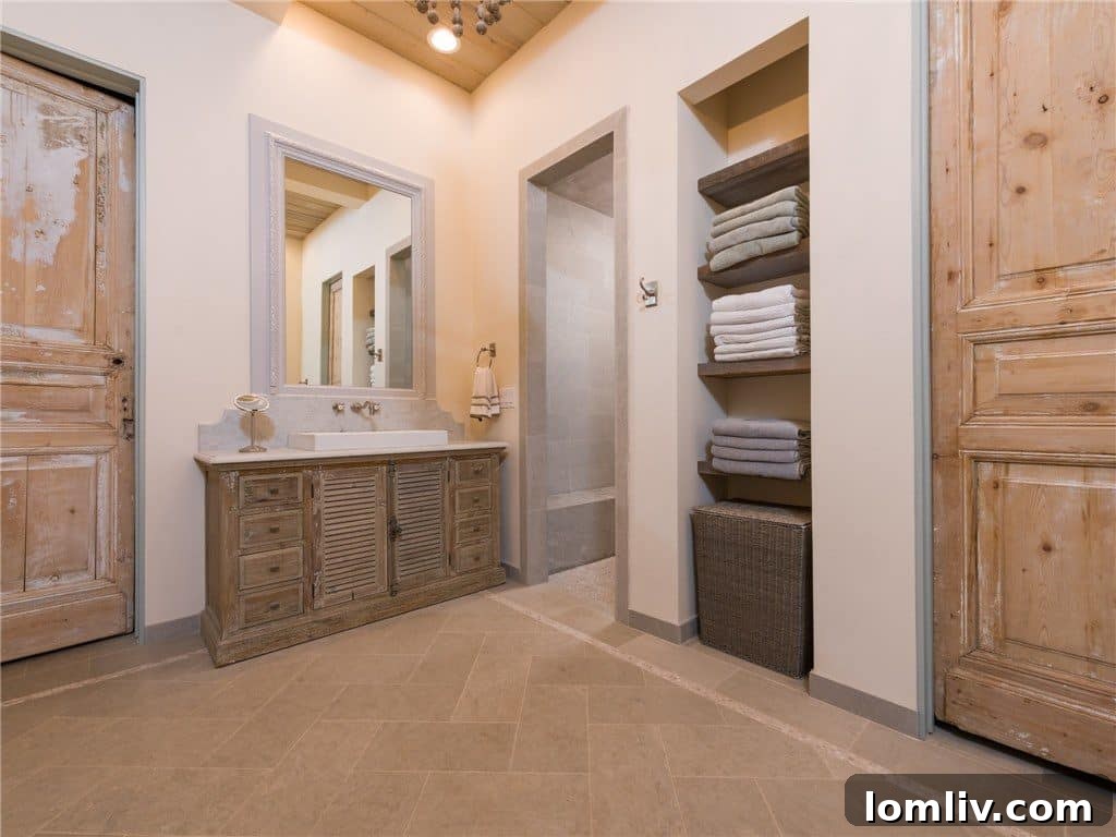Elegant Master Bathroom with Reclaimed Wood Vanity and Modern Fixtures