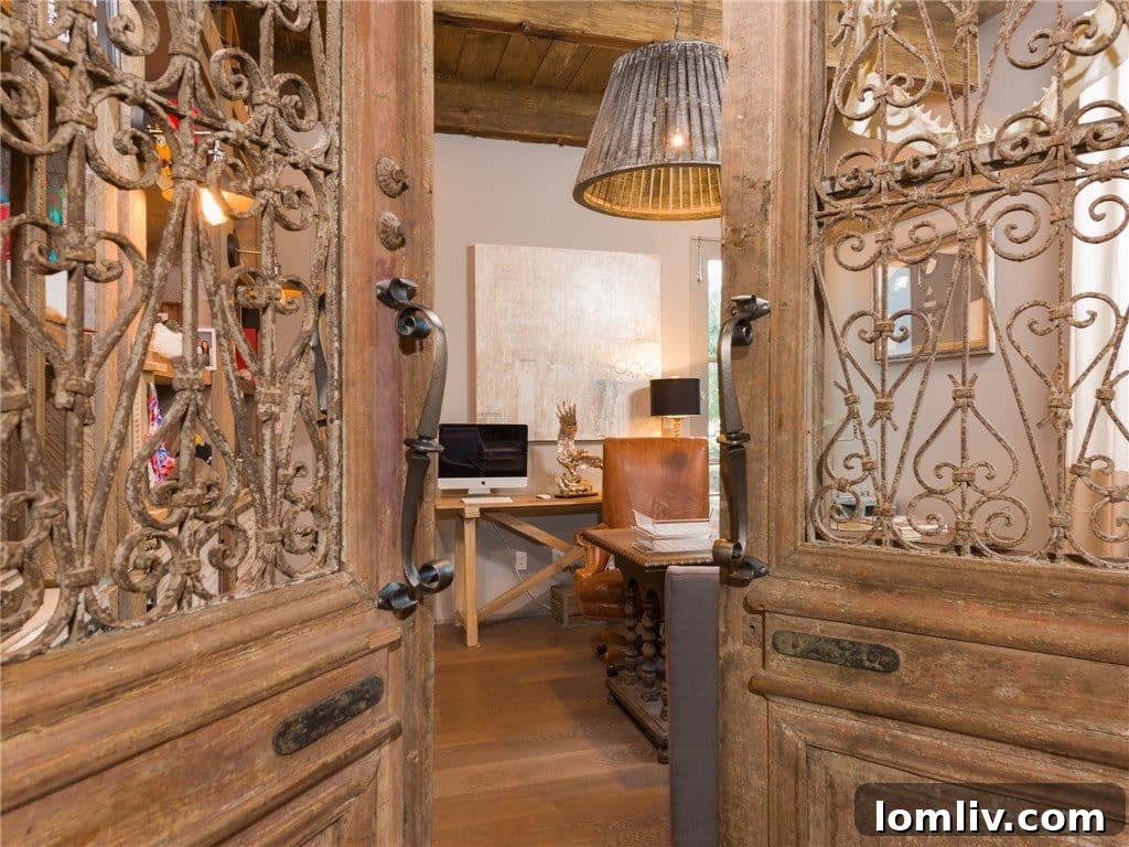 Elegant Study with Reclaimed Wood Beams and Built-in Shelving