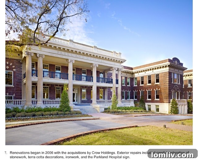 Modern glass atrium addition to historic Parkland Hospital
