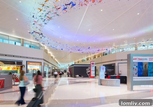 The modern, welcoming interior of Love Field Airport, showcasing Corgan's aviation design expertise.