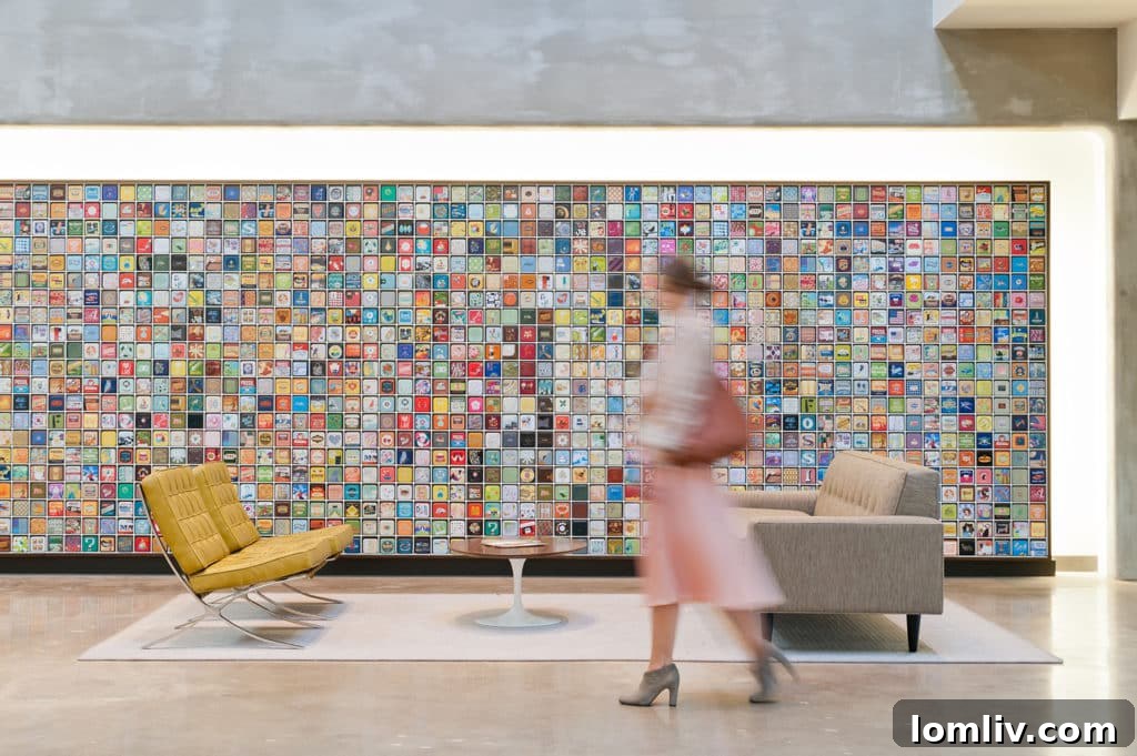 The vibrant and creative lobby space of Fossil Inc.'s corporate headquarters, designed by Corgan.