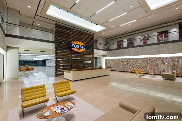 The reception area of Fossil Inc.'s corporate headquarters, reflecting a blend of modern design and brand identity.
