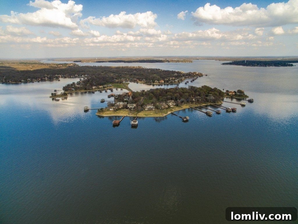Aerial View of 16 Island Drive, Mabank, showing Lakefront Property and Dock