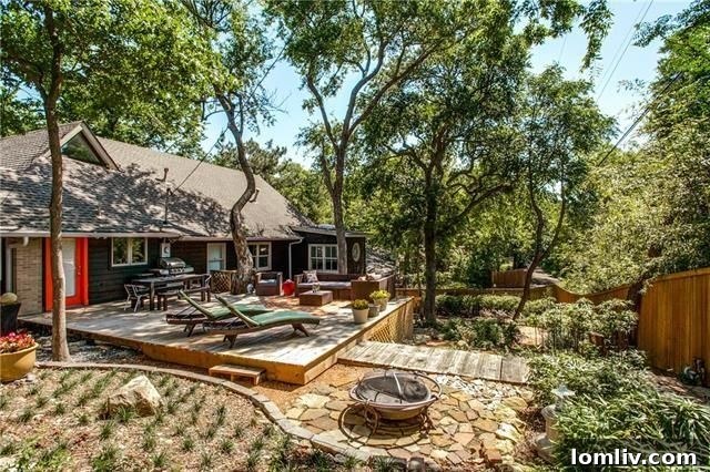 Serene backyard with a draped pergola and firepit, perfect for relaxation