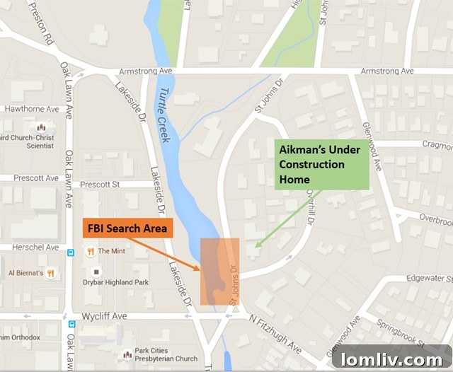 Aikman-Map-2: A map highlighting the area of the FBI search in Turtle Creek, Dallas, near Troy Aikman's former property.
