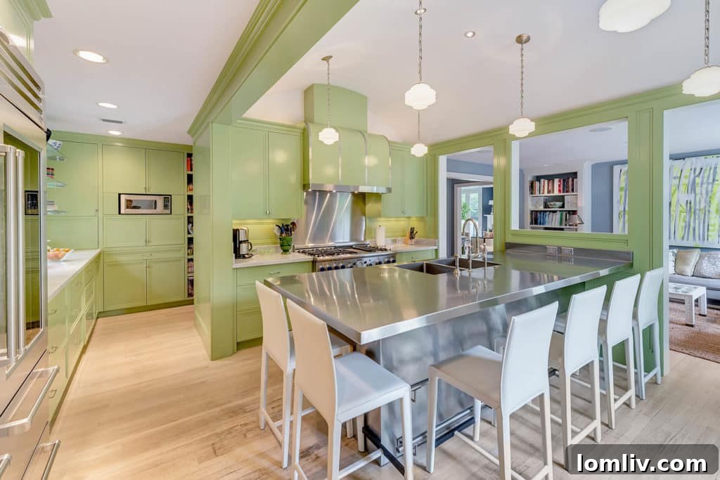 Sensational kitchen with lime green cabinets and high-end stainless steel appliances