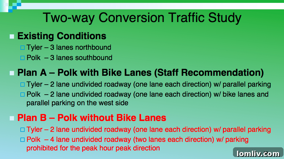 Summary of conversion options for Tyler and Polk Streets, detailing lane changes.
