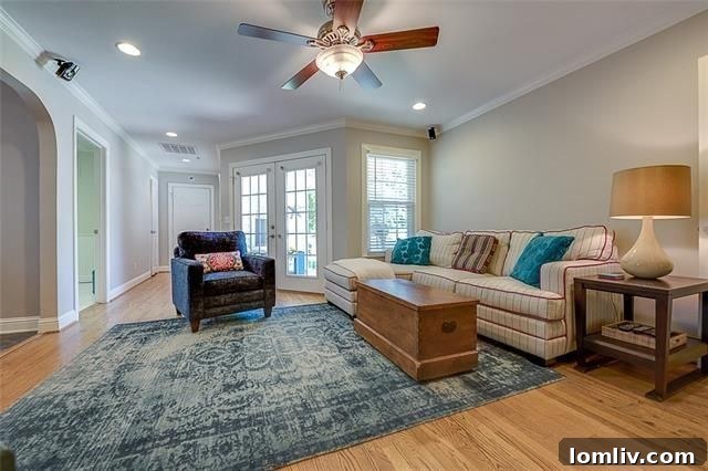Comfortable bedroom with hardwood floors