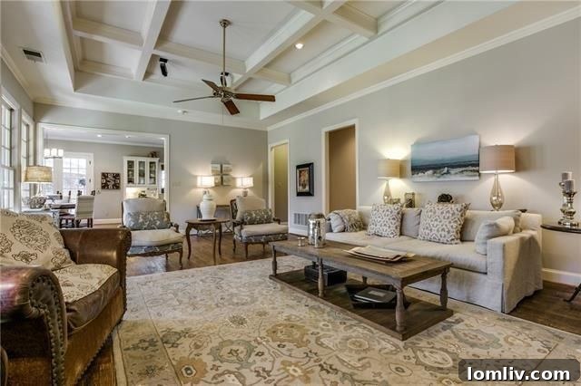 Spacious living room with high ceilings and fireplace