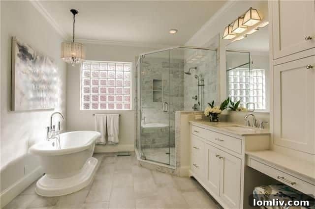 Luxurious master bathroom with soaking tub and glass shower