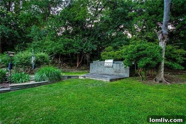Expansive backyard with built-in grill and lush landscaping in Kessler Park