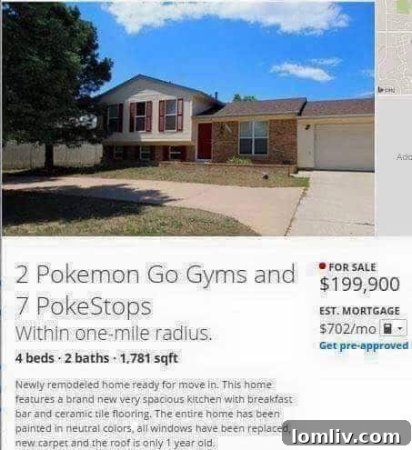 A real estate listing featuring a Pokestop nearby, highlighting a creative marketing approach.