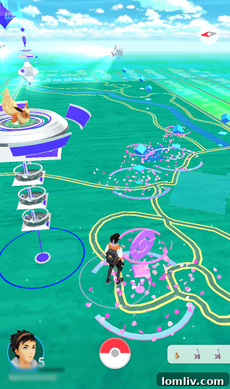 Screenshot of Pokemon Go showing a character at a splash pad, indicating real-world locations.