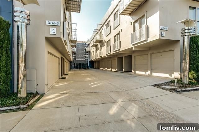 Uptown Dallas Townhome Facade and Street View with Greenery
