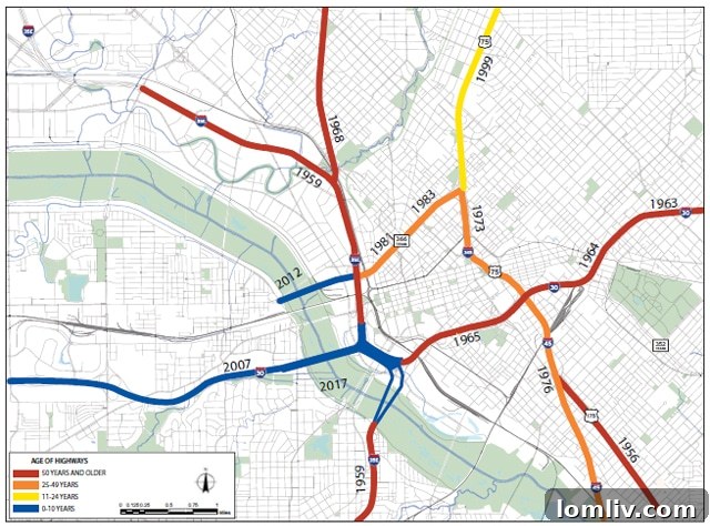 Map showing the age of Dallas highway corridors