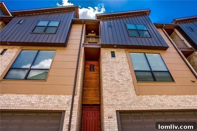 Modern condo exterior with attached garage