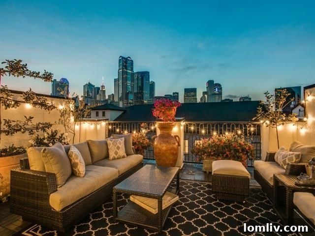 Rooftop terrace with panoramic Dallas skyline views