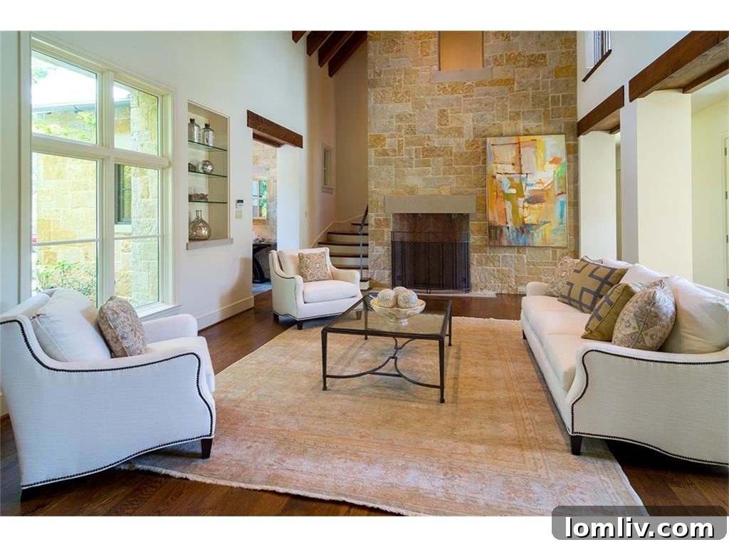 Elegant Formal Living Room with Stone Fireplace