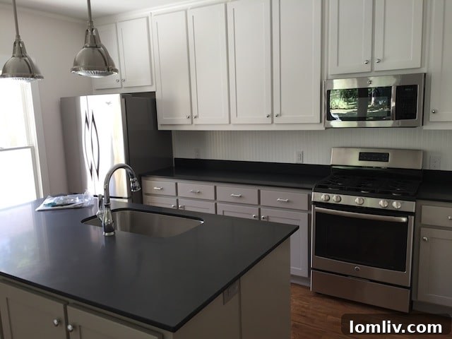 Modern kitchen with view into living area, showing open concept design