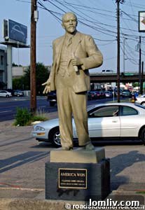 A unique statue of Vladimir Lenin that once belonged to Harvey Goff, bearing a sign 'America won'