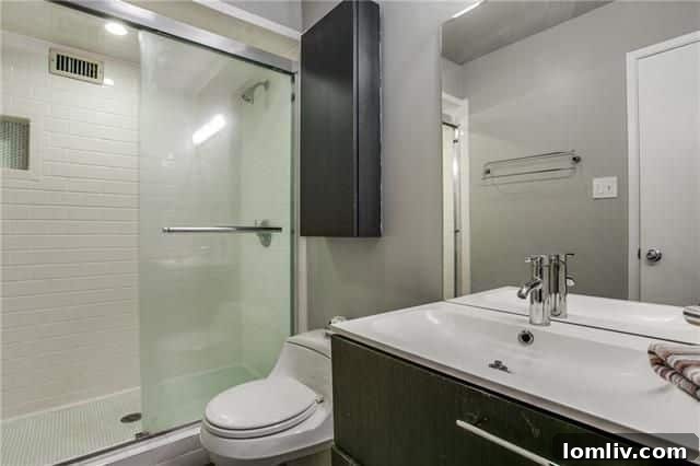 Remodeled guest bathroom with contemporary tile work and vanity