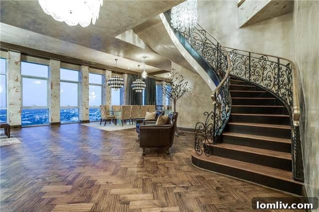 Interior view of a luxurious living room with a grand staircase in The Tower penthouse