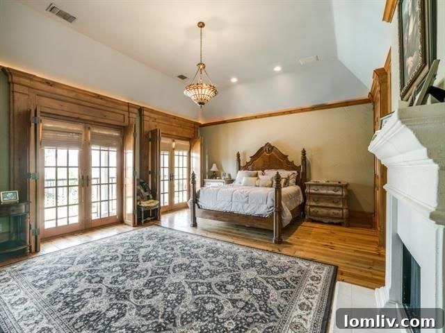 Luxurious master bedroom with a fireplace, private balcony access, and a comfortable sitting area