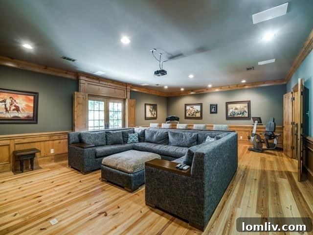 Spacious media and game room with wide-plank hardwoods and wainscoting, ideal for entertainment