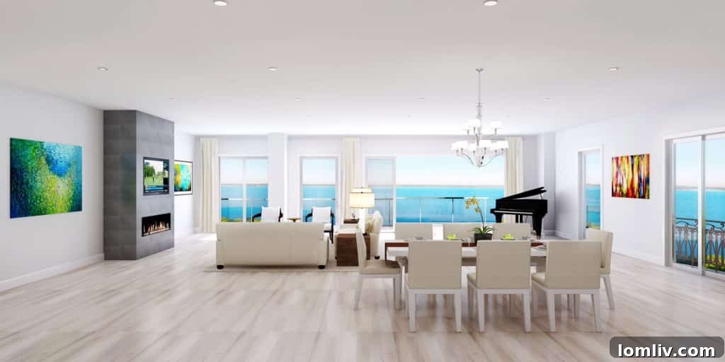 Luxurious living room interior at Lakeside Tower with floor-to-ceiling windows and lake views