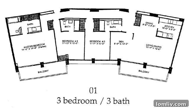 Original 3-bedroom floor plan for Preston Tower Dallas
