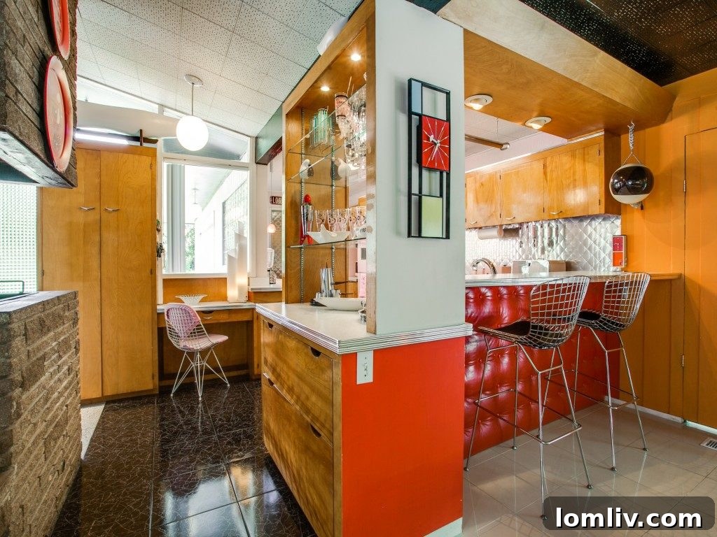 Another perspective of the delightful retro kitchen, highlighting its cohesive period aesthetic