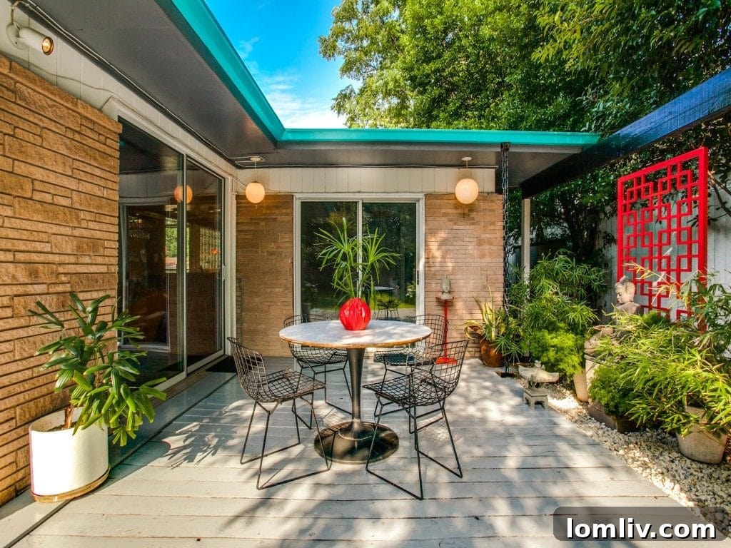 Detailed shot of the Midcentury Modern roofline and exterior materials, reflecting true atomic era design