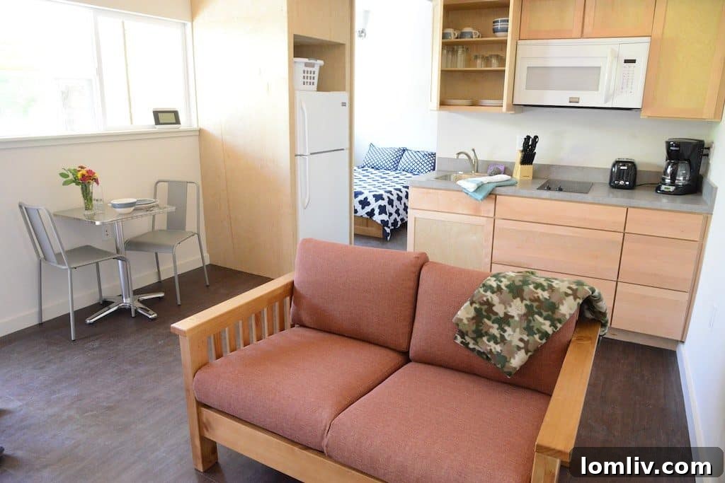 Interior view of a tiny home at Hickory Crossing, showcasing the functional and comfortable living space designed for residents.