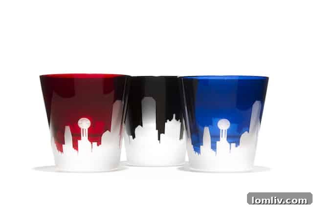 Luxury Dallas Skyline Vodka Liqueur Crystal Glasses in Black, Ink, and Red